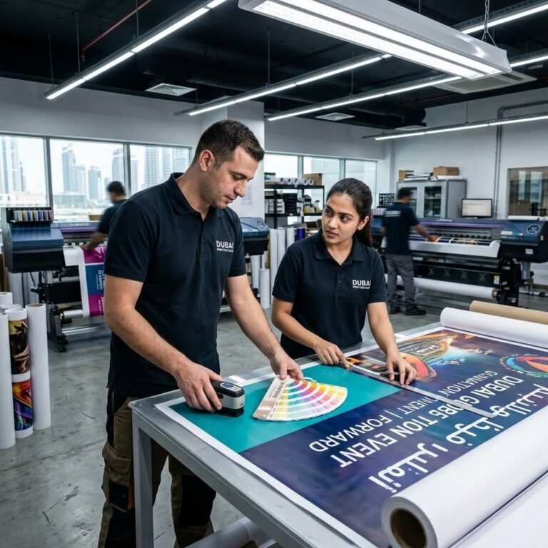 Flex Printing Services In Dubai | Flex Printing Near Me skilled technicians in dubai based touch sign branch inspecting printed flex banners under bright industrial led lighting, checking color accuracy and print quality